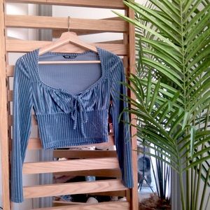 SHEIN Blue Ribbed Long Sleeve Blouse - S